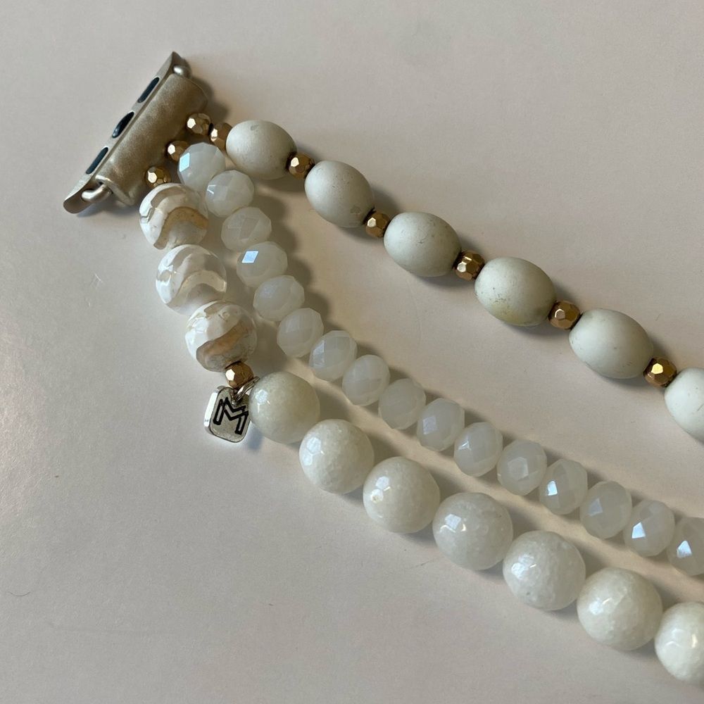 Apple Watch Band, stretchy, White Beaded band with gold accents - Picture 2 of 3